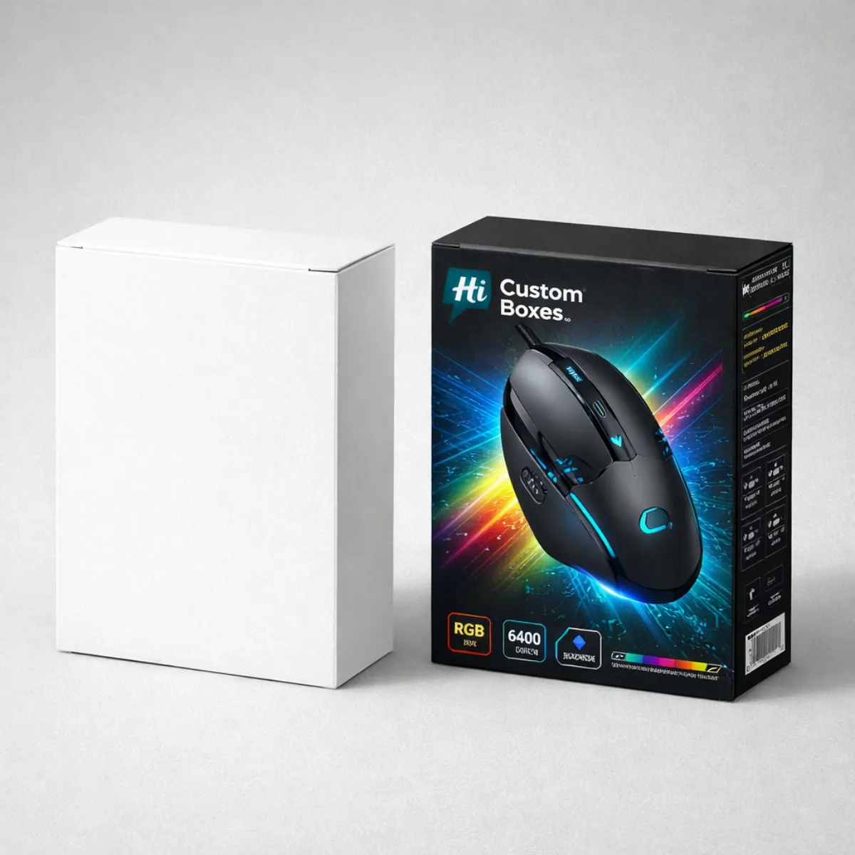 A plain white vertical box next to a premium black box with colourful RGB mouse illustrations. class=